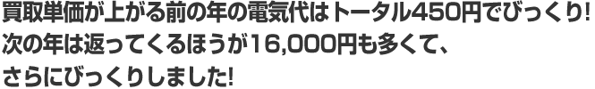 太陽光をつけた1年目の電気代はトータル200円でびっくり！ 2年目は数千円返ってきて、さらにびっくりしました！